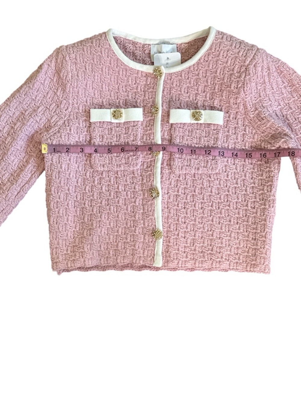 Mable Pink Tweed Knit Skirt Set Gold Button Cardigan Midi Set NWT - Picture 6 of 12